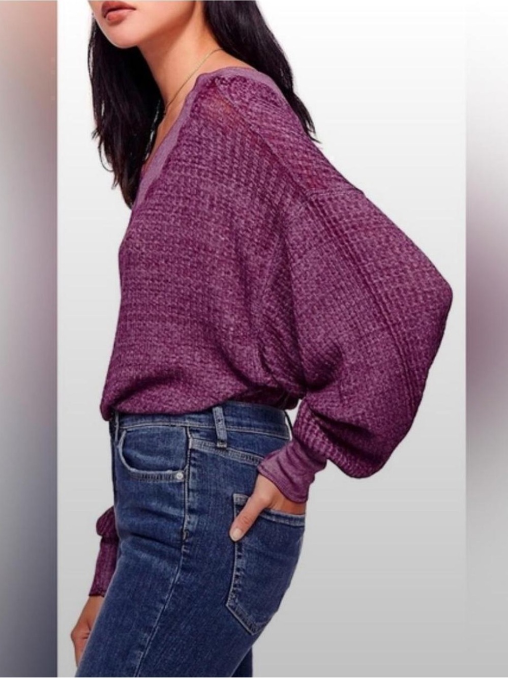 Free People We The Free South Side V Neck Purple Thermal Long Sleeve Tee